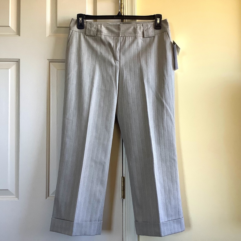 DKNY Cropped Cuffed Wide Leg Stretch Pant Striped Taupe SZ 10